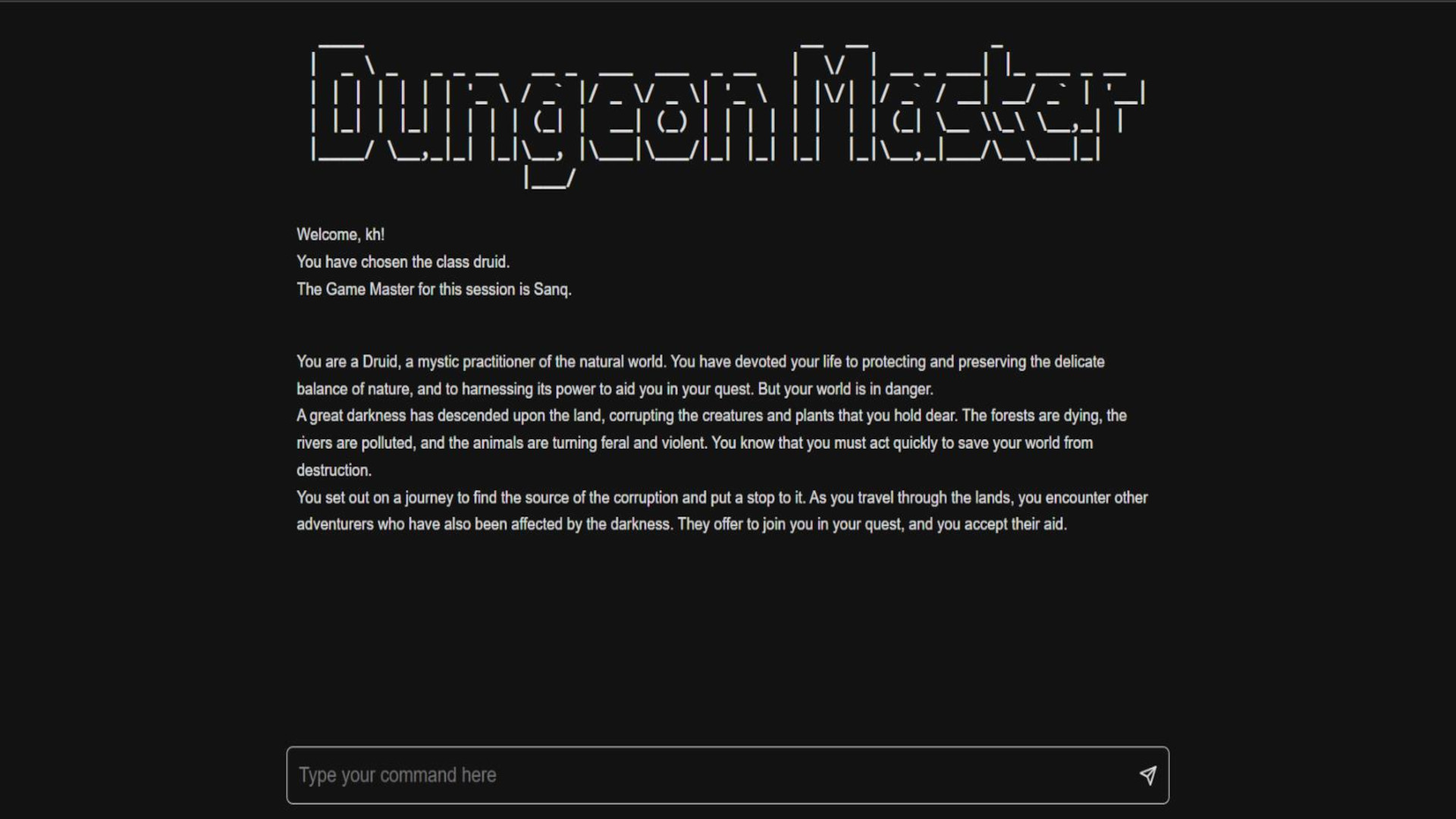 A black screen with ASCII text spelling Dungeon Master